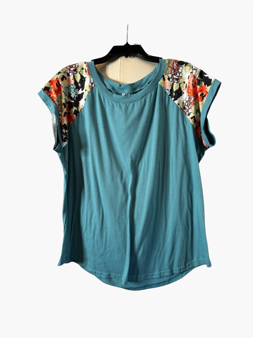 Teal Short Sleeve Top with Floral Shoulder Panels